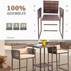 VINGLI Ensemble de bar de terrasse 3 pièces en osier, table de bar et tabourets de bar d'extérieur avec étagère de rangement et coussins, table et chaises d'extérieur hauteur bar