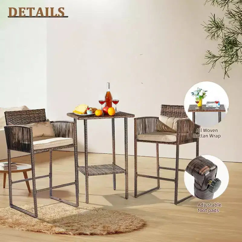 VINGLI Ensemble de bar de terrasse 3 pièces en osier, table de bar et tabourets de bar d'extérieur avec étagère de rangement et coussins, table et chaises d'extérieur hauteur bar