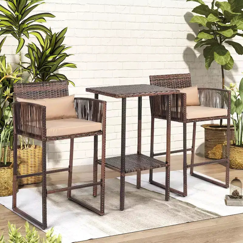 VINGLI Ensemble de bar de terrasse 3 pièces en osier, table de bar et tabourets de bar d'extérieur avec étagère de rangement et coussins, table et chaises d'extérieur hauteur bar