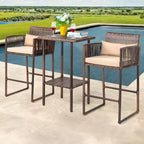 VINGLI Ensemble de bar de terrasse 3 pièces en osier, table de bar et tabourets de bar d'extérieur avec étagère de rangement et coussins, table et chaises d'extérieur hauteur bar