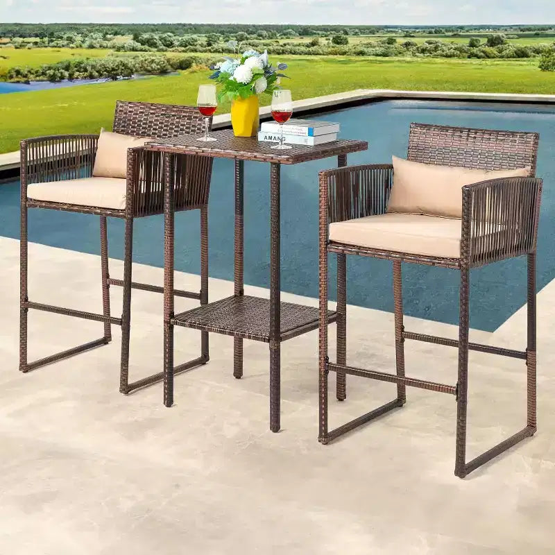 VINGLI Ensemble de bar de terrasse 3 pièces en osier, table de bar et tabourets de bar d'extérieur avec étagère de rangement et coussins, table et chaises d'extérieur hauteur bar