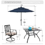 Captiva Designs Table de salle à manger d'extérieur 6 pièces en acier et chaises pivotantes en métal et parasol de marché