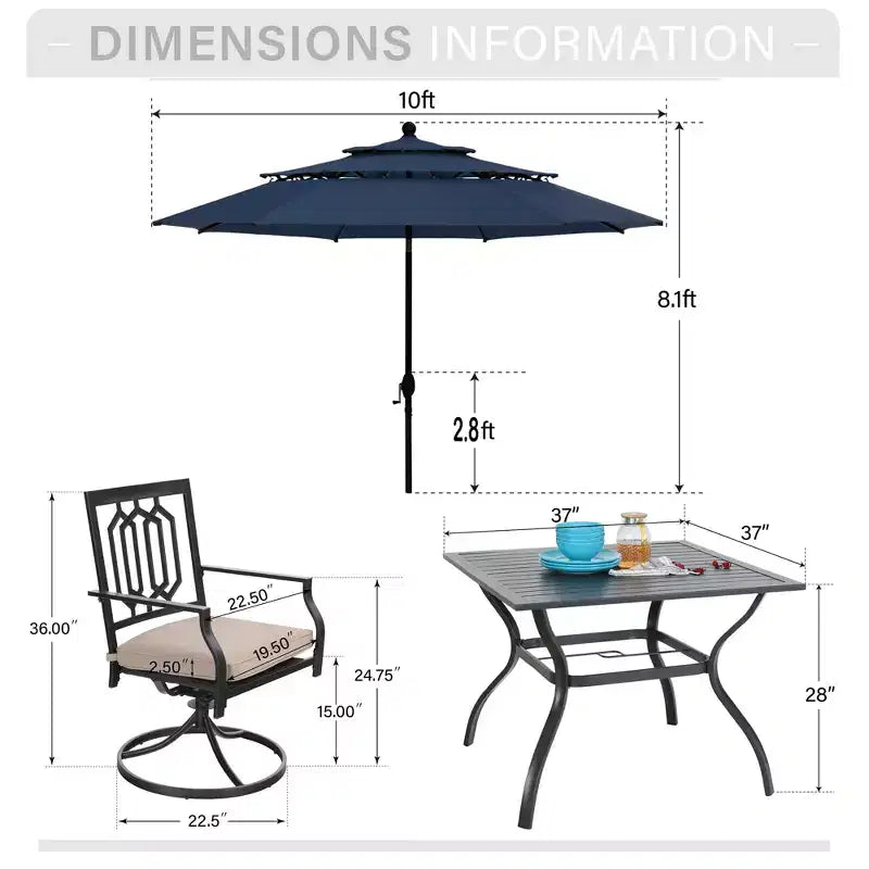 Captiva Designs Table de salle à manger d'extérieur 6 pièces en acier et chaises pivotantes en métal et parasol de marché