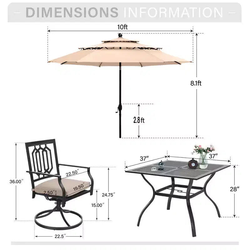 Captiva Designs Table de salle à manger d'extérieur 6 pièces en acier et chaises pivotantes en métal et parasol de marché