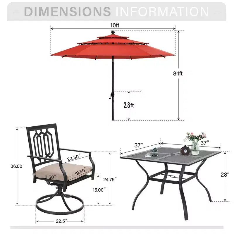 Captiva Designs Table de salle à manger d'extérieur 6 pièces en acier et chaises pivotantes en métal et parasol de marché
