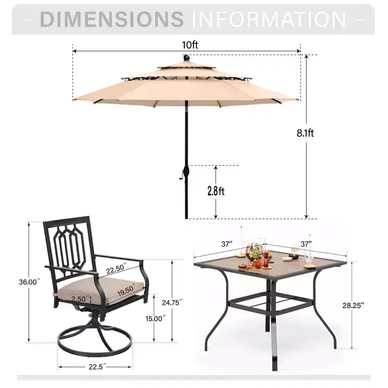 Captiva Designs Table de salle à manger d'extérieur 6 pièces en acier et chaises pivotantes en métal et parasol de marché