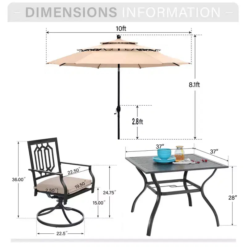 Captiva Designs Table de salle à manger d'extérieur 6 pièces en acier et chaises pivotantes en métal et parasol de marché