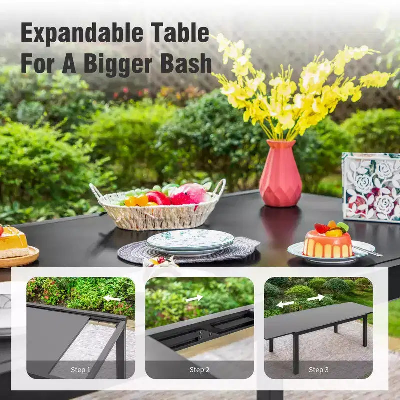 Captiva Designs 9pc Outdoor Patio Expandable Steel Dining Table & & Crescent Arm Rattan Chairs