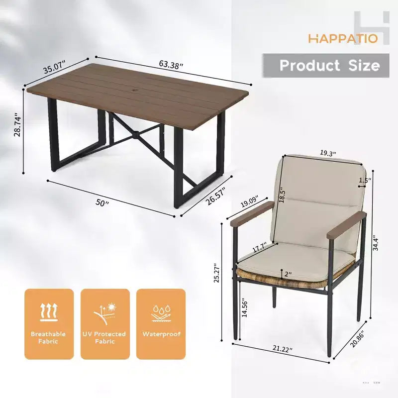 HAPPATIO Ensemble de salle à manger 7 pièces pour patio, 6 chaises en osier avec cadre en aluminium et coussins en oléfine, table à manger en bois pour jardin, cour ou porche