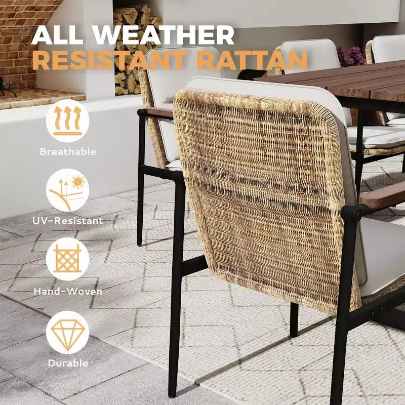 HAPPATIO Ensemble de salle à manger 7 pièces pour patio, 6 chaises en osier avec cadre en aluminium et coussins en oléfine, table à manger en bois pour jardin, cour ou porche