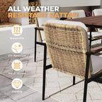 HAPPATIO Ensemble de salle à manger 7 pièces pour patio, 6 chaises en osier avec cadre en aluminium et coussins en oléfine, table à manger en bois pour jardin, cour ou porche