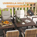 HAPPATIO 9 Piece Patio Dining Set, 8 Wicker Chairs with Aluminum Frame and Olefin Cushions, Wooden Dining Table with Umbrella Hole for Backyard Porch