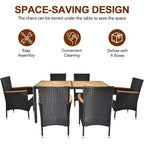 VINGLI Ensemble de salle à manger d'extérieur 7 pièces, mobilier de jardin en osier pour 6 personnes avec table en bois d'acacia, table et chaises d'extérieur pour jardin