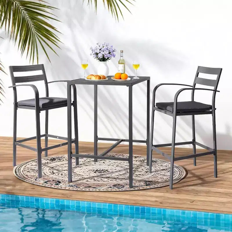 VINGLI Ensemble de bar d'extérieur 3 pièces, table haute de bar en aluminium et 2 chaises avec coussins, mobilier de terrasse hauteur comptoir pour jardin, piscine