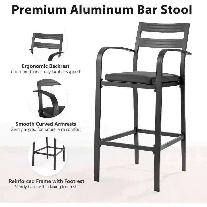 VINGLI Ensemble de bar d'extérieur 3 pièces, table haute de bar en aluminium et 2 chaises avec coussins, mobilier de terrasse hauteur comptoir pour jardin, piscine
