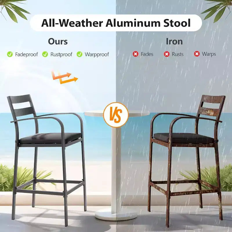VINGLI Ensemble de bar d'extérieur 3 pièces, table haute de bar en aluminium et 2 chaises avec coussins, mobilier de terrasse hauteur comptoir pour jardin, piscine