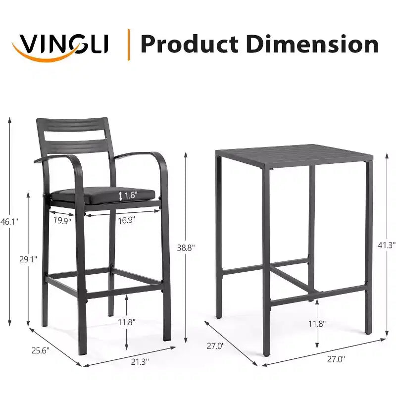 VINGLI Ensemble de bar d'extérieur 3 pièces, table haute de bar en aluminium et 2 chaises avec coussins, mobilier de terrasse hauteur comptoir pour jardin, piscine