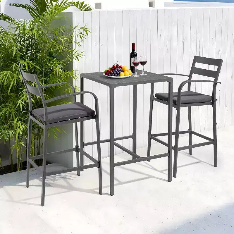 VINGLI Ensemble de bar d'extérieur 3 pièces, table haute de bar en aluminium et 2 chaises avec coussins, mobilier de terrasse hauteur comptoir pour jardin, piscine