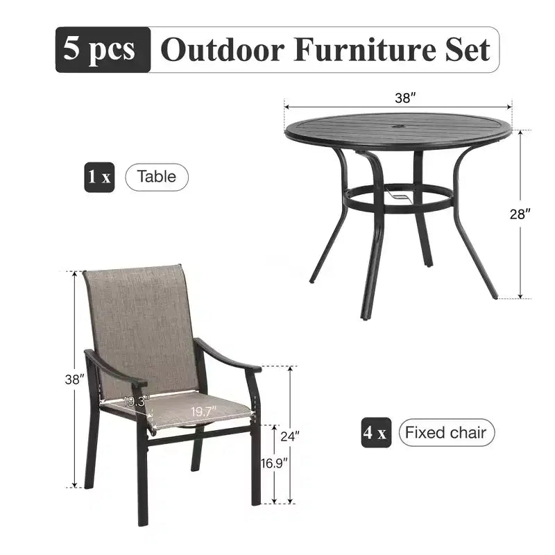 Captiva Designs 5pc Outdoor Patio Slat-top Black Round Dining Steel Table & Steel Frame Sling Chairs