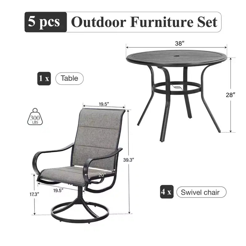 Captiva Designs 5pc Outdoor Patio Slat-top Black Round Dining Steel Table & Steel Frame Sling Chairs