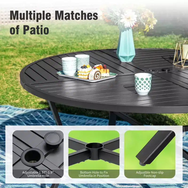 Captiva Designs 7pc Outdoor Patio Slat-top Dining Steel Table & Rattan Chairs with Removable Cushions