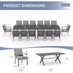 ALAULM Ensemble de Salle à Manger d'extérieur 16 pièces, Meubles de Patio en Métal avec 14 Chaises Fixes et 2 Grandes Tables avec Parasol pour Jardin