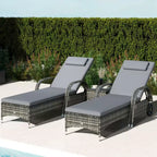 Patio Wicker Chaise Lounge Chair Set of 2 with Table, Adjustable Backrest, Wheels, Cushion & Headrest