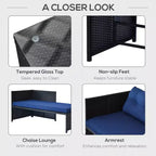 3 Piece Patio Furniture Set, Rattan Outdoor Sofa Set with Chaise Lounge & Loveseat, Soft Cushions, Tempered Glass Table, L-Shaped Sectional Couch