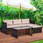 3 Piece Patio Furniture Set, Rattan Outdoor Sofa Set with Chaise Lounge & Loveseat, Soft Cushions, Tempered Glass Table, L-Shaped Sectional Couch
