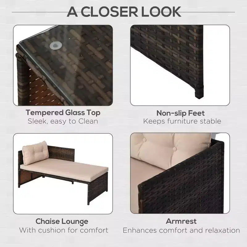 3 Piece Patio Furniture Set, Rattan Outdoor Sofa Set with Chaise Lounge & Loveseat, Soft Cushions, Tempered Glass Table, L-Shaped Sectional Couch