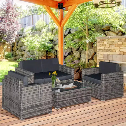 Ensemble de mobilier de patio en osier 4 pièces avec coussins, mobilier de sectionnel extérieur avec 2 canapés, causeuse et table basse en verre, ensemble de canapés de conversation