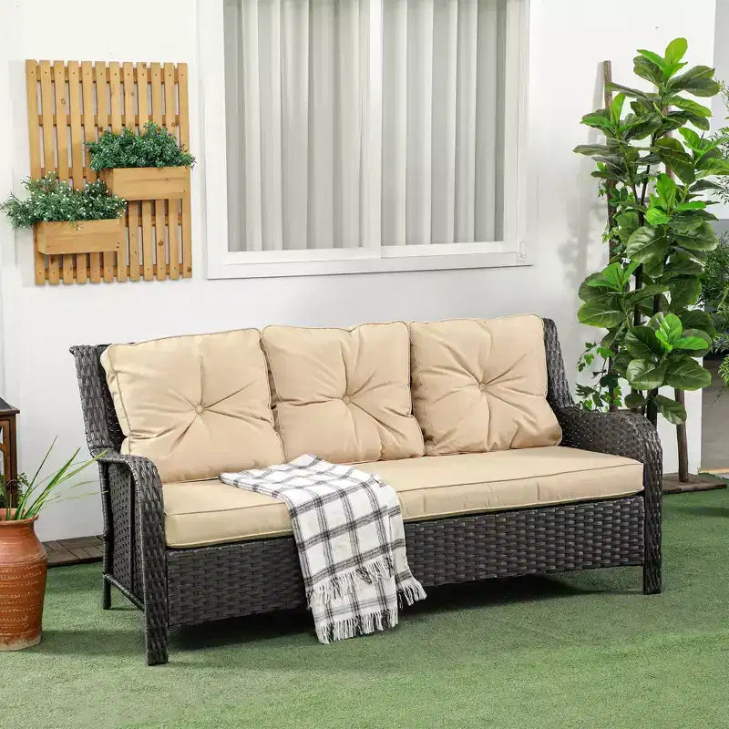Canapé d'extérieur 3 places avec 4 coussins épais, Canapé de jardin