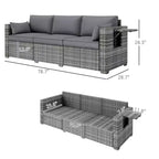 3 Seater Wicker Sofa with Side Trays, Outdoor Patio Couch with 6 Thick Back Cushions, Deep Seating