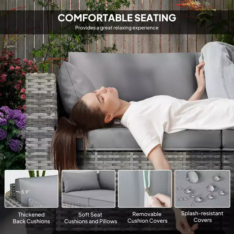 3 Seater Wicker Sofa with Side Trays, Outdoor Patio Couch with 6 Thick Back Cushions, Deep Seating