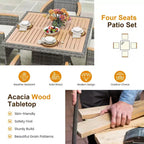 Patio Dining Sets for 4, All Weather Rattan Outdoor Table and Chairs with Acacia Wood Tabletop