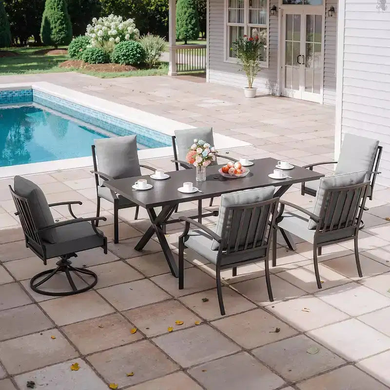 ALAULM Ensemble de Salle à Manger d'Extérieur 7 Pièces avec 2 Chaises Pivotantes et 4 Chaises Fixes, Mobilier de Jardin en Métal avec 6 Chaises et Grande Table avec Trou pour Parasol