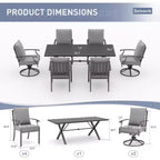 ALAULM Ensemble de Salle à Manger d'Extérieur 7 Pièces avec 2 Chaises Pivotantes et 4 Chaises Fixes, Mobilier de Jardin en Métal avec 6 Chaises et Grande Table avec Trou pour Parasol