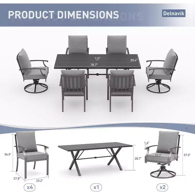 ALAULM Ensemble de Salle à Manger d'Extérieur 7 Pièces avec 2 Chaises Pivotantes et 4 Chaises Fixes, Mobilier de Jardin en Métal avec 6 Chaises et Grande Table avec Trou pour Parasol