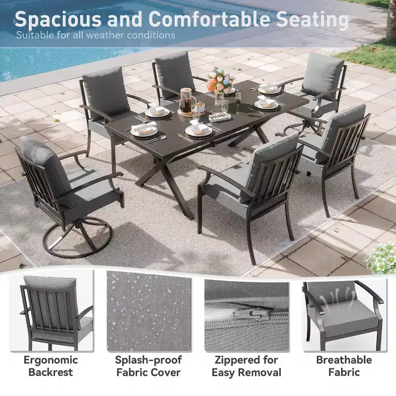 ALAULM Ensemble de Salle à Manger d'Extérieur 7 Pièces avec 2 Chaises Pivotantes et 4 Chaises Fixes, Mobilier de Jardin en Métal avec 6 Chaises et Grande Table avec Trou pour Parasol