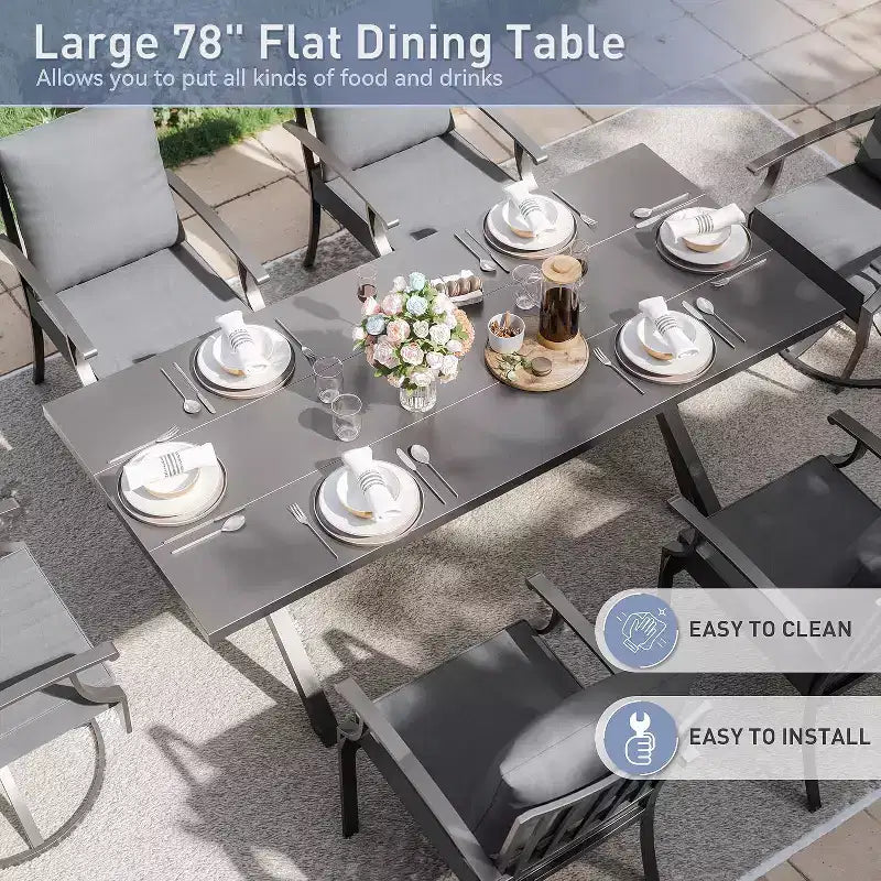 ALAULM Ensemble de Salle à Manger d'Extérieur 7 Pièces avec 2 Chaises Pivotantes et 4 Chaises Fixes, Mobilier de Jardin en Métal avec 6 Chaises et Grande Table avec Trou pour Parasol