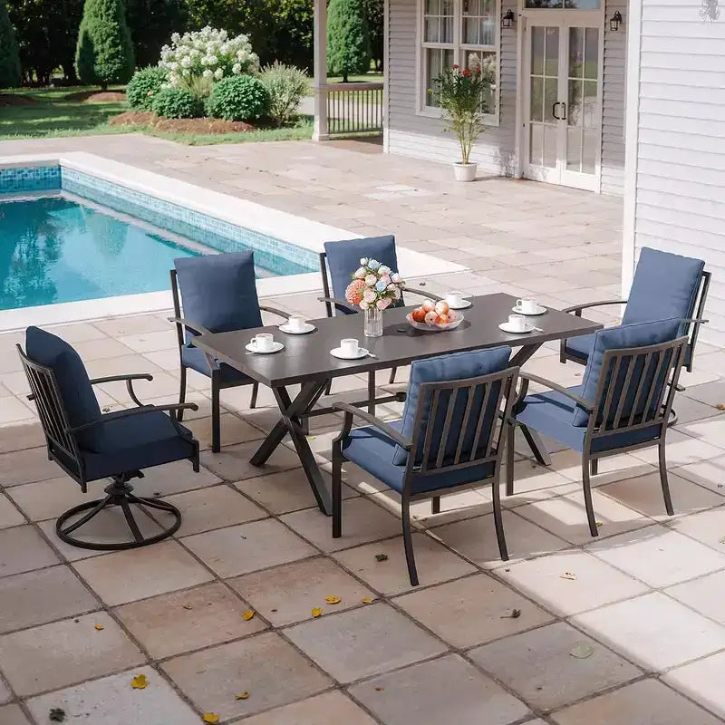 ALAULM Ensemble de Salle à Manger d'Extérieur 7 Pièces avec 2 Chaises Pivotantes et 4 Chaises Fixes, Mobilier de Jardin en Métal avec 6 Chaises et Grande Table avec Trou pour Parasol