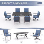 ALAULM Ensemble de Salle à Manger d'Extérieur 7 Pièces avec 2 Chaises Pivotantes et 4 Chaises Fixes, Mobilier de Jardin en Métal avec 6 Chaises et Grande Table avec Trou pour Parasol