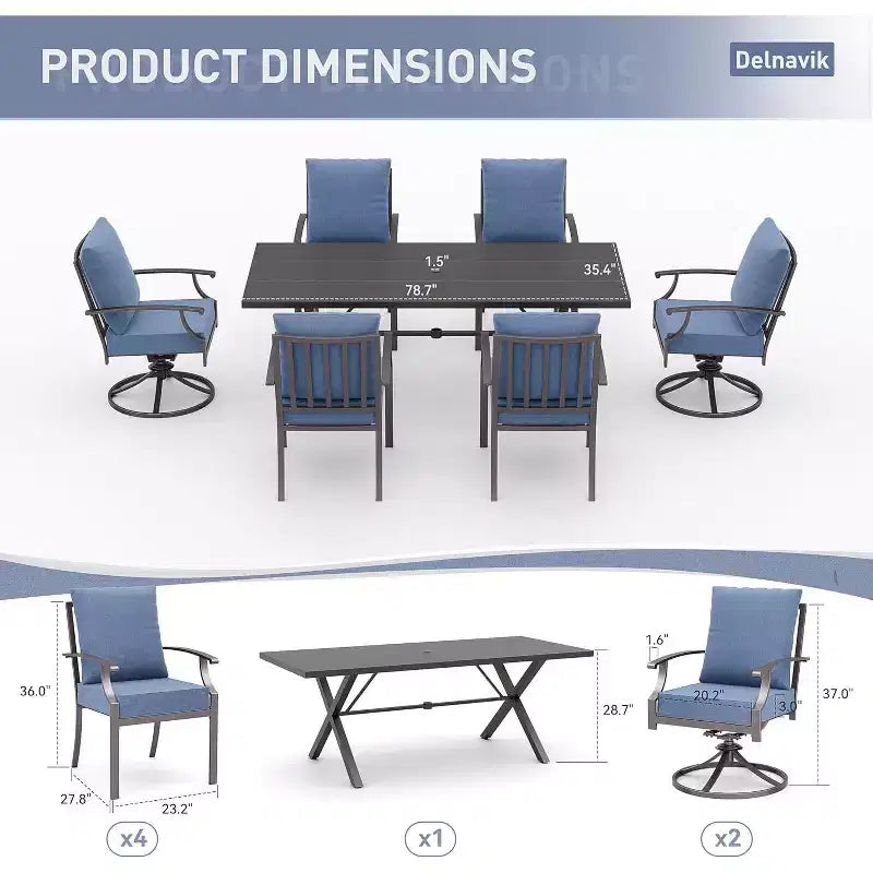 ALAULM Ensemble de Salle à Manger d'Extérieur 7 Pièces avec 2 Chaises Pivotantes et 4 Chaises Fixes, Mobilier de Jardin en Métal avec 6 Chaises et Grande Table avec Trou pour Parasol