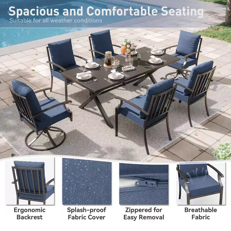 ALAULM Ensemble de Salle à Manger d'Extérieur 7 Pièces avec 2 Chaises Pivotantes et 4 Chaises Fixes, Mobilier de Jardin en Métal avec 6 Chaises et Grande Table avec Trou pour Parasol