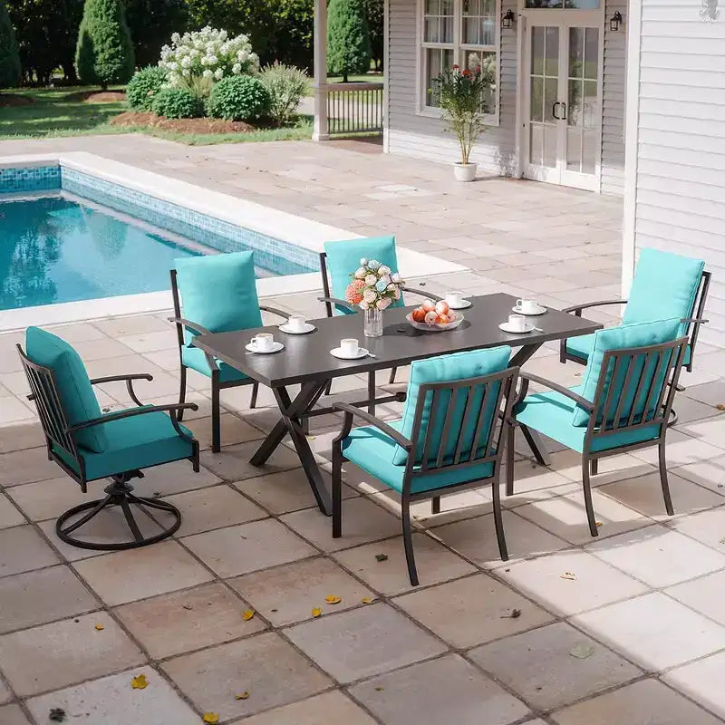ALAULM Ensemble de Salle à Manger d'Extérieur 7 Pièces avec 2 Chaises Pivotantes et 4 Chaises Fixes, Mobilier de Jardin en Métal avec 6 Chaises et Grande Table avec Trou pour Parasol