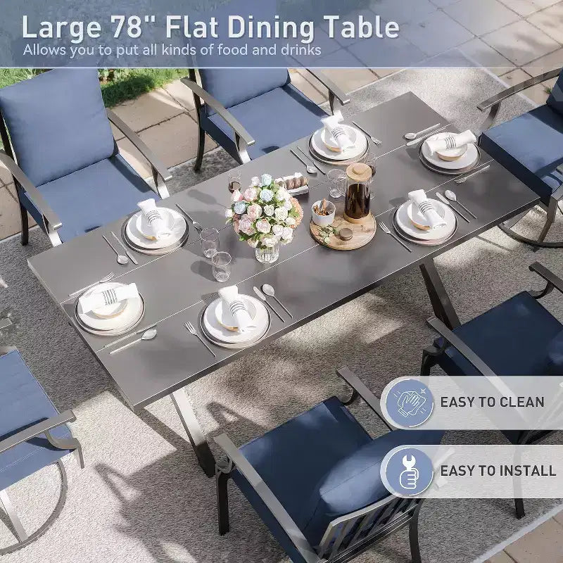 ALAULM Ensemble de Salle à Manger d'Extérieur 7 Pièces avec 2 Chaises Pivotantes et 4 Chaises Fixes, Mobilier de Jardin en Métal avec 6 Chaises et Grande Table avec Trou pour Parasol
