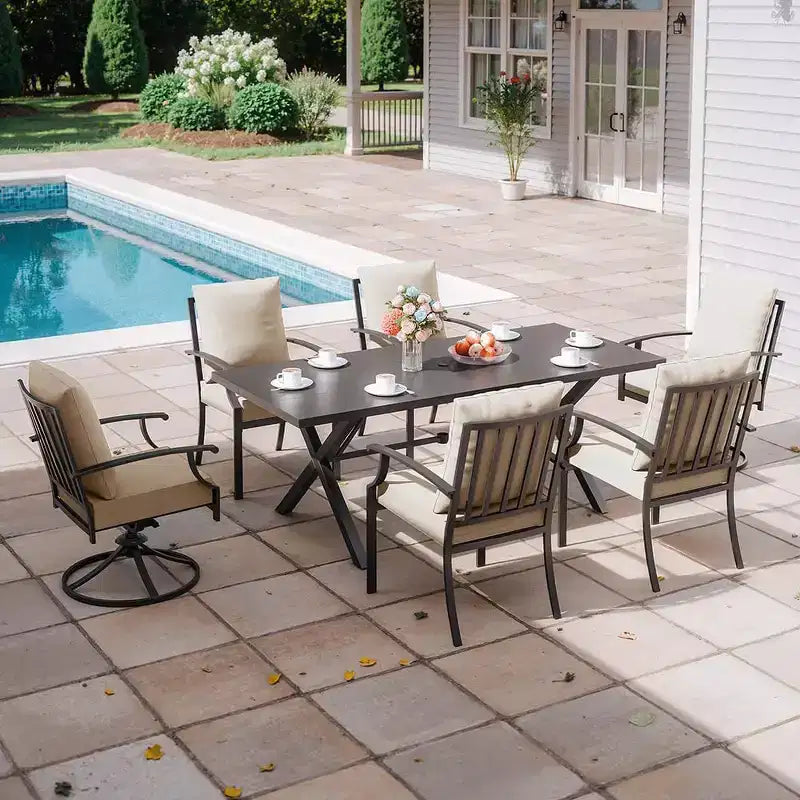 ALAULM Ensemble de Salle à Manger d'Extérieur 7 Pièces avec 2 Chaises Pivotantes et 4 Chaises Fixes, Mobilier de Jardin en Métal avec 6 Chaises et Grande Table avec Trou pour Parasol
