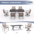 ALAULM Ensemble de Salle à Manger d'Extérieur 7 Pièces avec 2 Chaises Pivotantes et 4 Chaises Fixes, Mobilier de Jardin en Métal avec 6 Chaises et Grande Table avec Trou pour Parasol