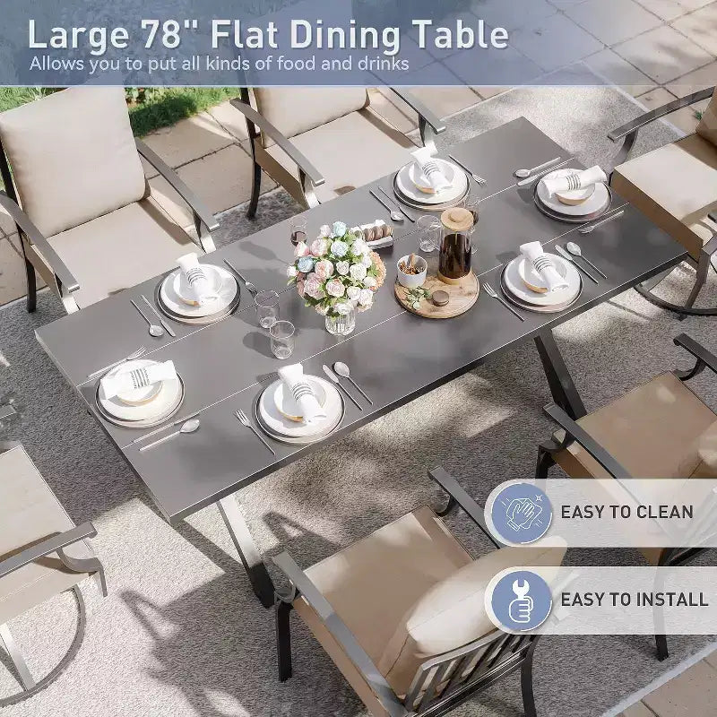 ALAULM Ensemble de Salle à Manger d'Extérieur 7 Pièces avec 2 Chaises Pivotantes et 4 Chaises Fixes, Mobilier de Jardin en Métal avec 6 Chaises et Grande Table avec Trou pour Parasol