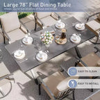 ALAULM Ensemble de Salle à Manger d'Extérieur 7 Pièces avec 2 Chaises Pivotantes et 4 Chaises Fixes, Mobilier de Jardin en Métal avec 6 Chaises et Grande Table avec Trou pour Parasol